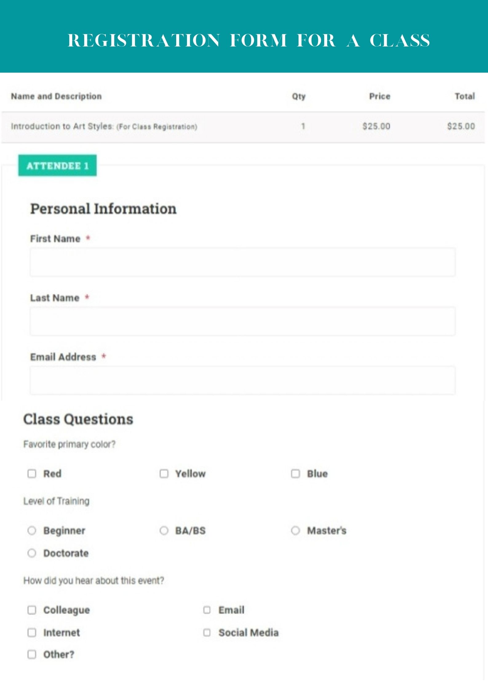 Class Rgistration Form template